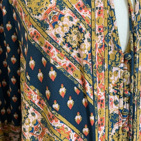 FREE PEOPLE Magic Mystery Blue Gold Coral Print Retro Bell Sleeve Tunic Mini - Picture 5 of 11